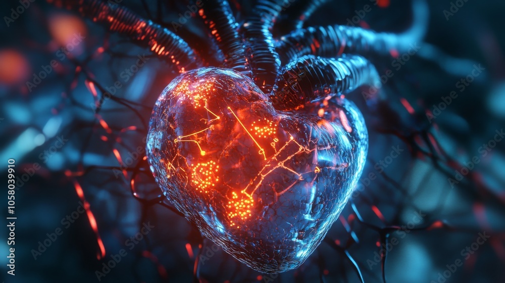Poster This artwork showcases a vibrant heart constructed from luminous circuits and intricate wires, pulsating with energy.