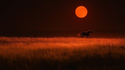 Fototapeta premium A solitary horse walking through tall grass under a vibrant orange sunset.