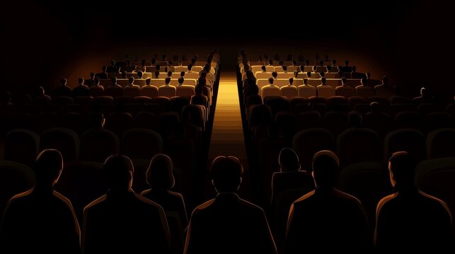 A dimly lit theater scene with an audience awaiting a performance, creating an atmosphere of anticipation and mystery.