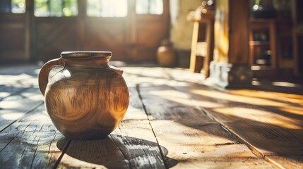 Genuine wooden jug on wooden floor in natural light blur.