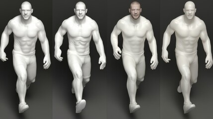 Obraz premium A dynamic series of male figures in various walking poses, showcasing strong musculature and athletic form against a neutral background.
