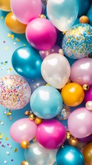Colorful Festive Balloons with Confetti on Blue Background