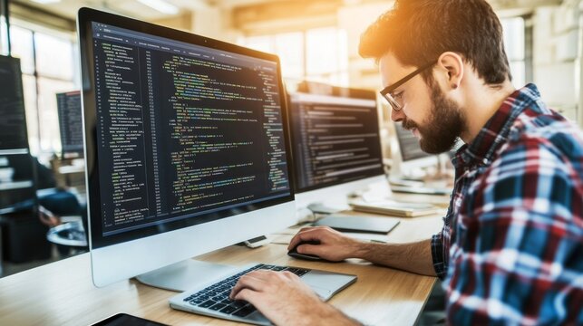 A focused programmer working on code at a computer in a modern office setting with natural light streaming in.