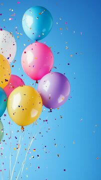 Colorful Balloons with Confetti Flying Against a Bright Blue Sky
