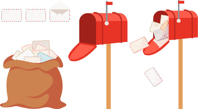 Set of postal envelopes. Santa Claus's bag of letters. Red mailbox with flying closed envelopes. Hand drawn vector illustration. World Post Day