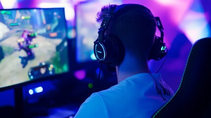 A gamer immersed in a colorful gaming environment, wearing headphones while playing video games on dual monitors.