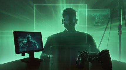 A gamer immersed in a digital world, illuminated by green light, featuring multiple screens and a controller.