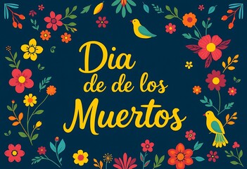 Dia de los muertos festival wallpaper pattern with sugar skull (calavera) and colorful flowers on dark, black, background. Cultural, traditional, floral wallpaper concept.