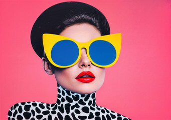 Pop collage Illustration of a beautiful female fashion model with blue sunglasses over vibrant...