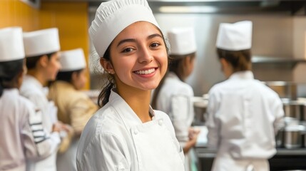 A joyful young chef smiles in a professional kitchen, showcasing culinary passion and teamwork among fellow chefs in the background.