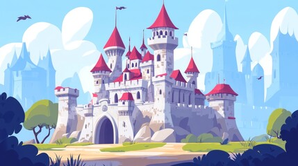 Fantasy Castle Landscape with Trees and Blue Sky