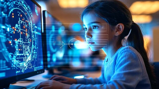 A young school student intently works on a computer, utilizing AI artificial intelligence technology and machine learning tools. The classroom is equipped with innovative technolog