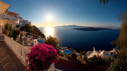 Obraz premium Stunning sunset view over the Aegean Sea with whitewashed buildings, pink flowers, and a pool.
