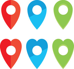 Fototapeta premium Illustration of red, blue and green map pin icons and heart shaped location pin in few variations