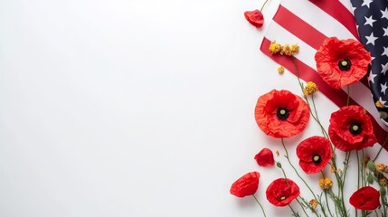 Red Poppy Flowers and American Flag Composition for Memorial Day
