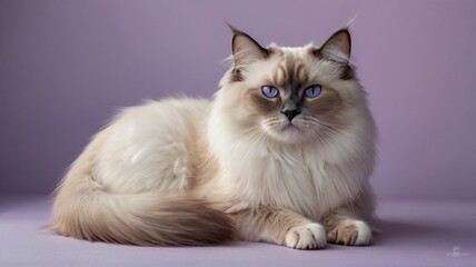 Fototapeta premium Majestic Ragdoll cat with striking blue eyes poses on a lavender backdrop.