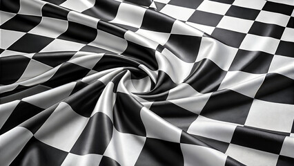 Swirled black and white checkered fabric displaying a lustrous surface and dynamic texture