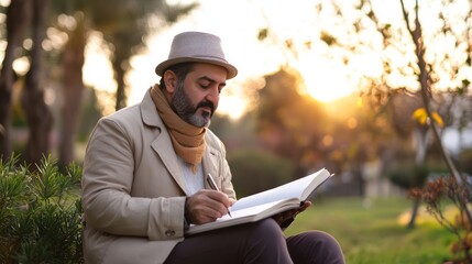 Fototapeta premium Thoughtful Man Reading Journal in a Park at Sunset