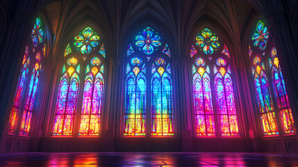 Obraz premium Realistic 3d digital painting of a vibrant gothic stained glass cathedral window. concept digital art, gothic architecture, stained glass, 3d painting, cathedral window. Gothic Cathedral. Illustration