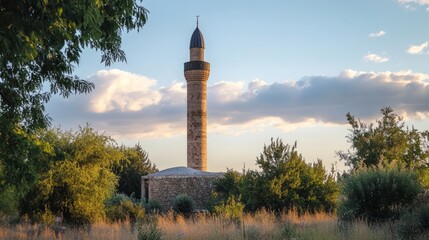 Obraz premium Historic Minaret Surrounded by Lush Greenery at Sunset