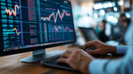 Stock traders pointing highest stock market on dynamic valued analysis on monitor real time screen, cooperating business investment in financial company to plan successful stock exchange. Sellable.