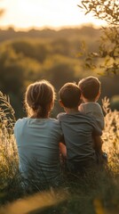 Mother and Children Enjoying a Sunset in Nature
