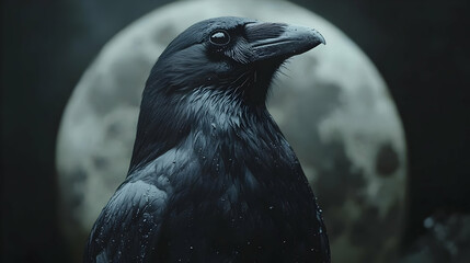 Wet Raven with a Moonlit Background Illustration