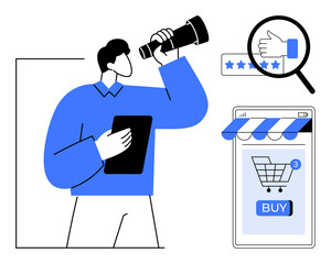 Man with a tablet looking through a magnifying glass at shopping elements phone ordered items, rating stars hand giving thumbs up Ideal for e-commerce marketing customer reviews online shopping