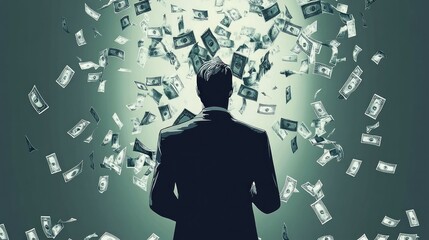 Businessman picking money. vector illustration. Portrait of his he nice attractive content guy top manager financier banker economist sum currency lottery credit loan flying in air blow wind agent bro