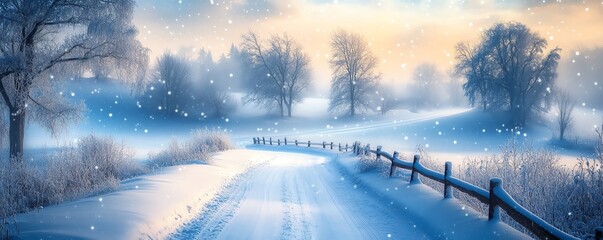 Beautiful winter landscape background with soft blue bokeh effects, highlighting the serene beauty of a snowy scene