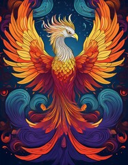 Obraz premium A vibrant digital illustration of a phoenix with outstretched wings against a dark background.