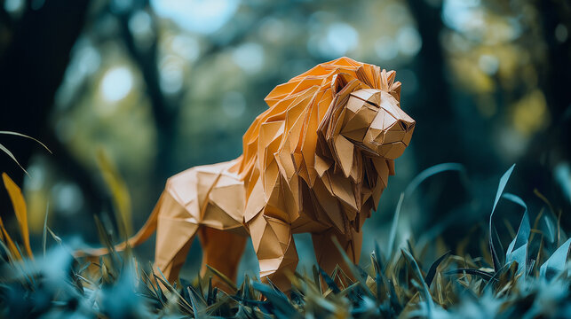 High-Detail Photo of an Origami Lion with Detailed Paper Crafting in Nature Setting