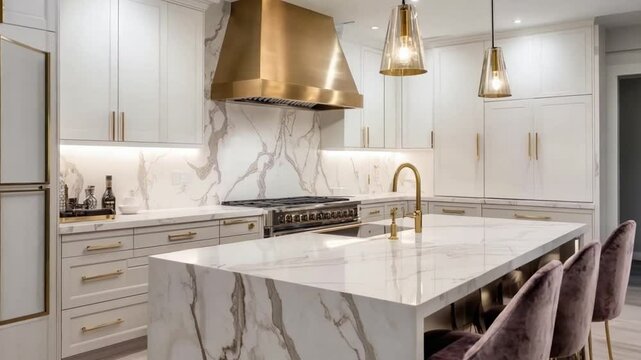 Modern kitchen interior with marble countertops and elegant cabinetry in a cozy home setting
