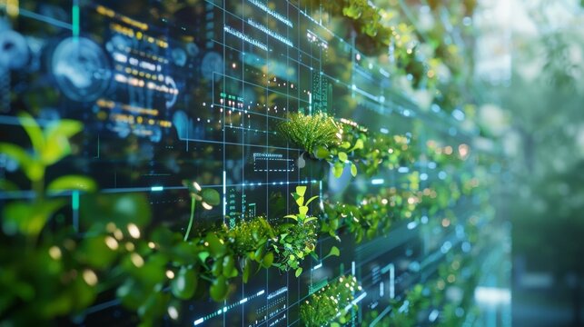 Green plants growing on vertical farm with digitalization data visualized by augmented reality graphic user interface for agriculture industry