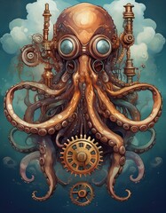 Obraz premium A steampunk octopus with goggles and gears. A surreal and creative illustration.