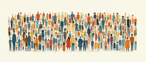 Cartoonish flat illustration of a diverse crowd, featuring various body types and ages on a white background, representing a united society