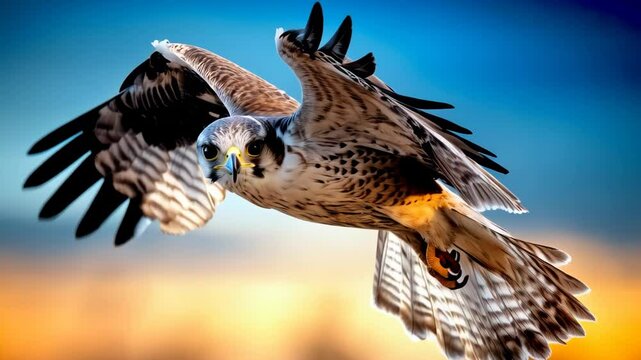 A hawk gracefully soaring through the clear skies at sunset over a scenic landscape