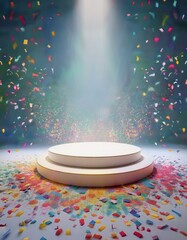 A white podium with confetti falling around it, celebrating a special occasion.