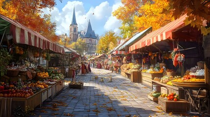 Fototapeta premium An autumn market with colorful stalls and delicacies