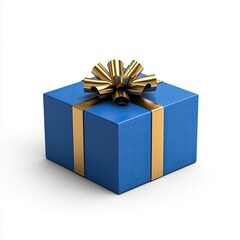 Obraz premium Blue gift box with shiny gold ribbon and bow sits on white background showcasing vibrant colors and festive design perfect for birthdays holidays or celebrations
