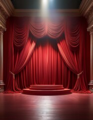 A stage with red velvet curtains, a spotlight, and a platform in the center. This is a great place for a theatrical performance.