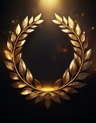 A golden laurel wreath with a soft glow behind it on a black background.