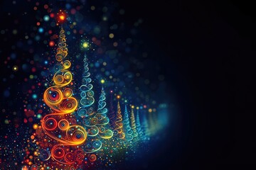 Colorful abstract Christmas tree shapes with swirling patterns in bright red, blue, and yellow tones set against a dark background create a festive holiday spirit and magical atmosphere