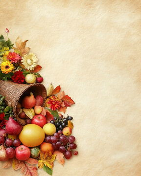 A cornucopia overflowing with fall fruits and flowers sits on a vintage parchment background