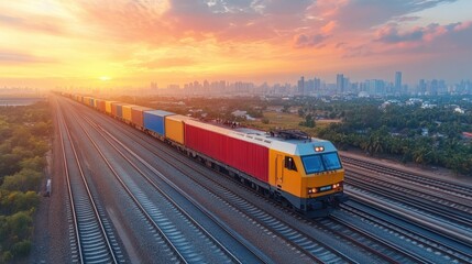 Fototapeta premium Freight train with colorful cargo containers passing through a cityscape at sunset, urban logistics, transportation industry, global shipping, supply chain, railway infrastructure