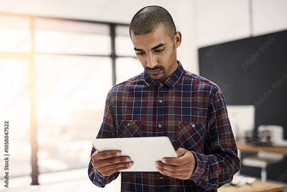 Poster Creative, design and tablet with business man in office for online programming or web development. Internet, search and technology with designer, developer or employee in workplace for innovation