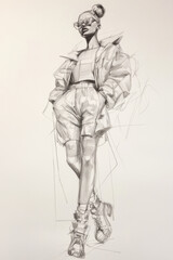 Obraz premium A dynamic figure sketch of a fashion-forward woman in a modernistic attire, characterized by angular lines and a confident pose, exuding chic urban elegance.