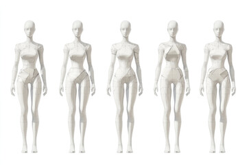 Obraz premium Five stylized mannequins stand in a row, each showcasing a futuristic, geometric design with precise lines and neutral tones, representing modern conceptual art.