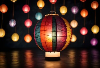 Fototapeta premium a colorful paper lantern, isolated on a dark textured surface, with vibrant patterns glowing softly create with ai