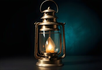 A single vintage lantern made of brushed brass with a glass panel, isolated on a deep black background, casting a soft warm glow around it create with ai